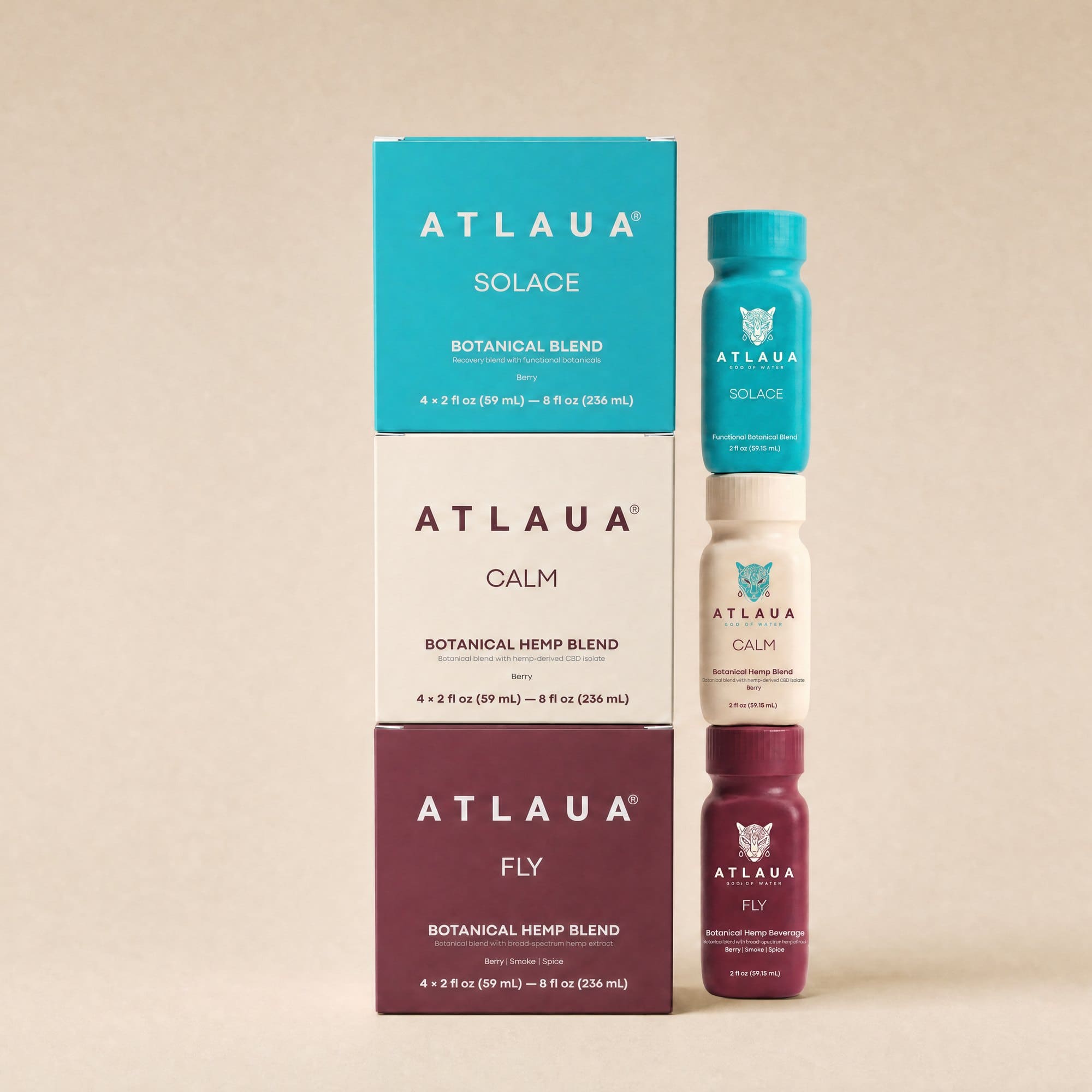 The ATLAUA rituals, SOLACE, CALM and FLY, in their boxes