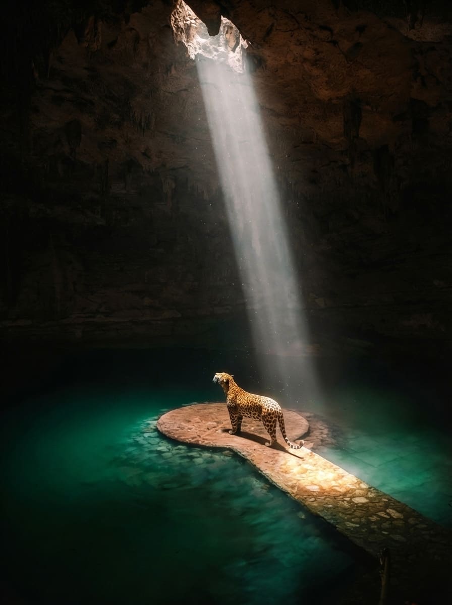 A jaguar on a stone ledge in a beam of light inside a jungle cenote