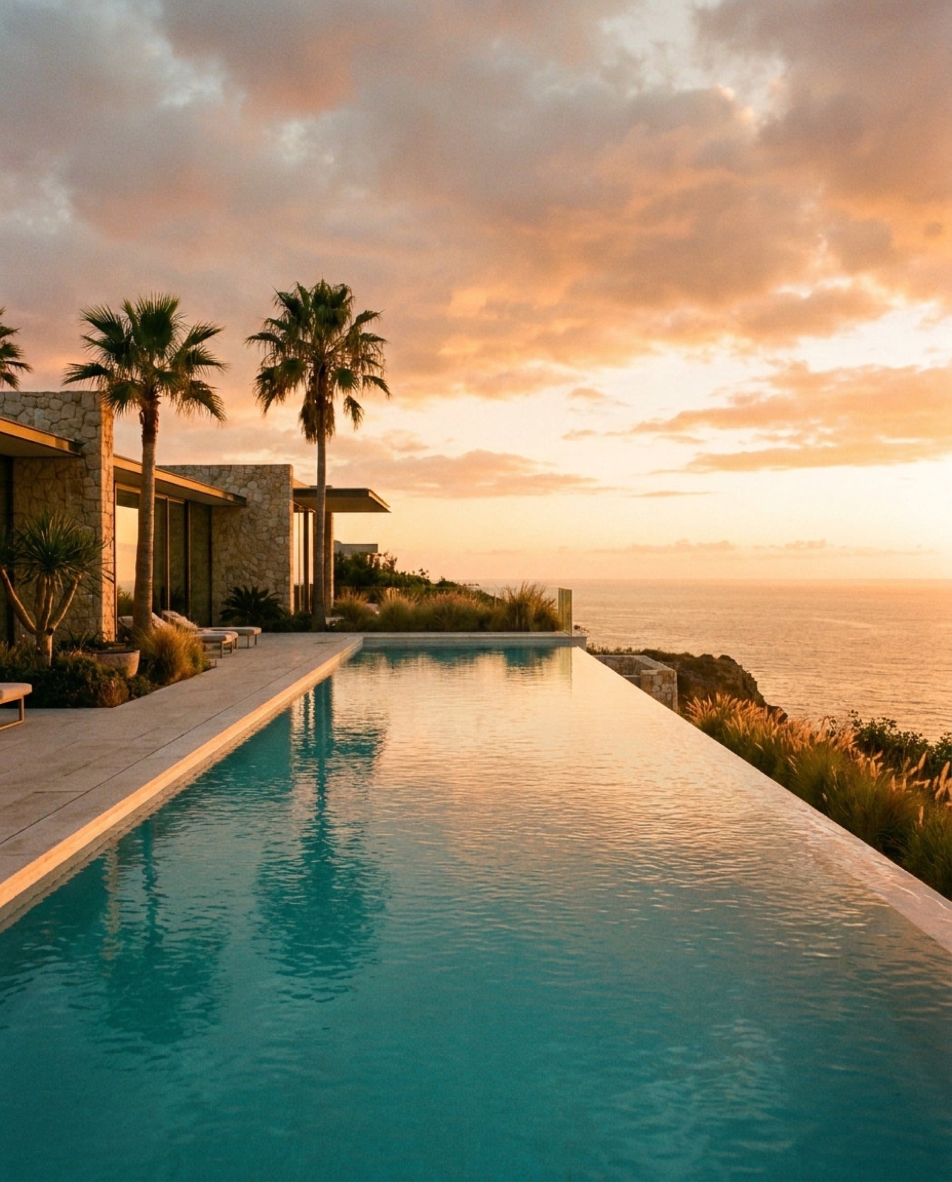 An infinity pool facing the sea at sunset, lined with palms